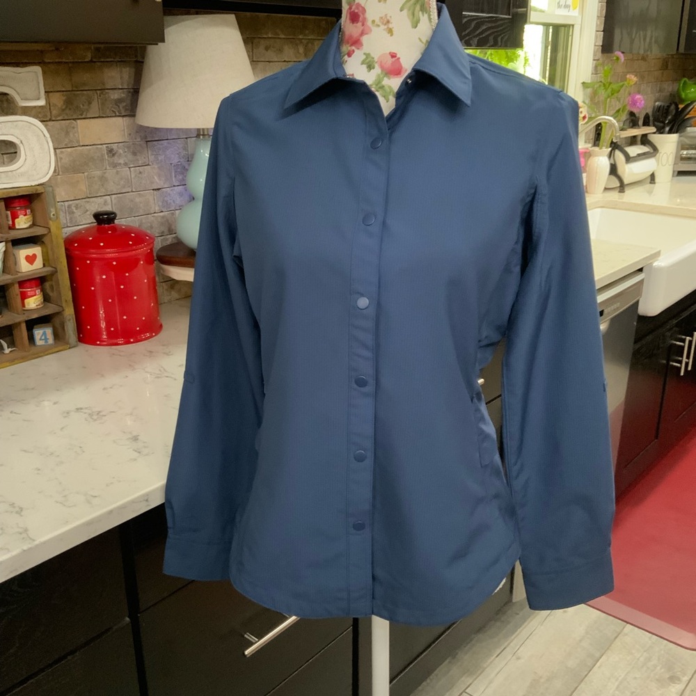 Duluth Trading Co XS Navy Blue Coolplus Vented Tab Sleeve Snap Shirt Zip Pockets